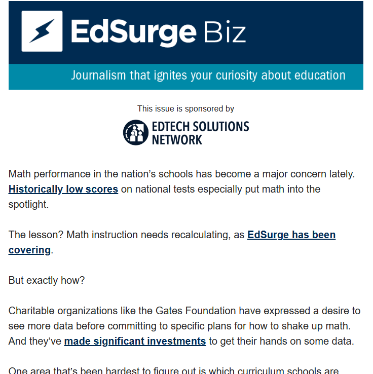 Screenshot of EdSurge Biz Newsletter's website that highlight CEMD's math report.