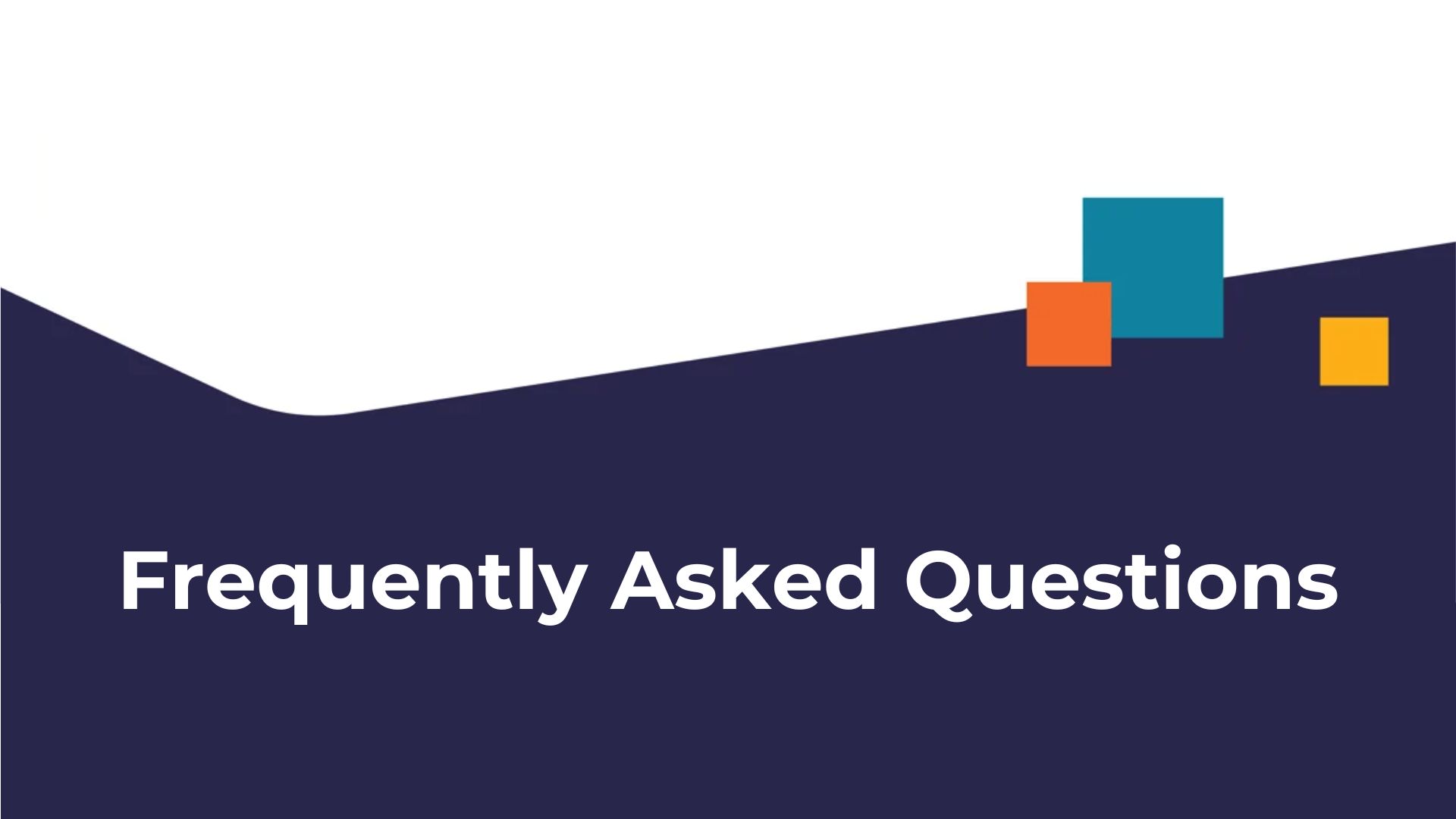 CEMD branded dark navy and white background with three graphic squares in teal, orange, and yellow of varying sizes with text, "Frequently Asked Questions."