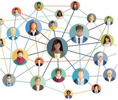 A graphic showing illustrated professionals in a circle connected by lines, like a network web.