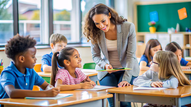 Young Black Educator Answer Questions for Diverse Elementary Students in a Bright ELA Classroom in California